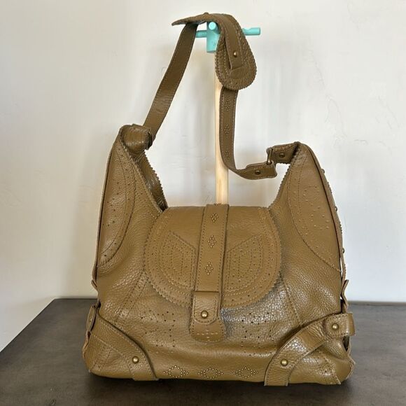 BCBG MAXAZRIA Olive Green Pebbled Leather Hobo Shoulder Bag Slouchy Purse Studs - Picture 1 of 16